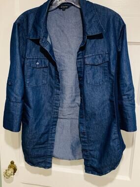 Ci Sono Denim Collection Blue Button Down Shirt Ribbed Side Panels Medium TP168
